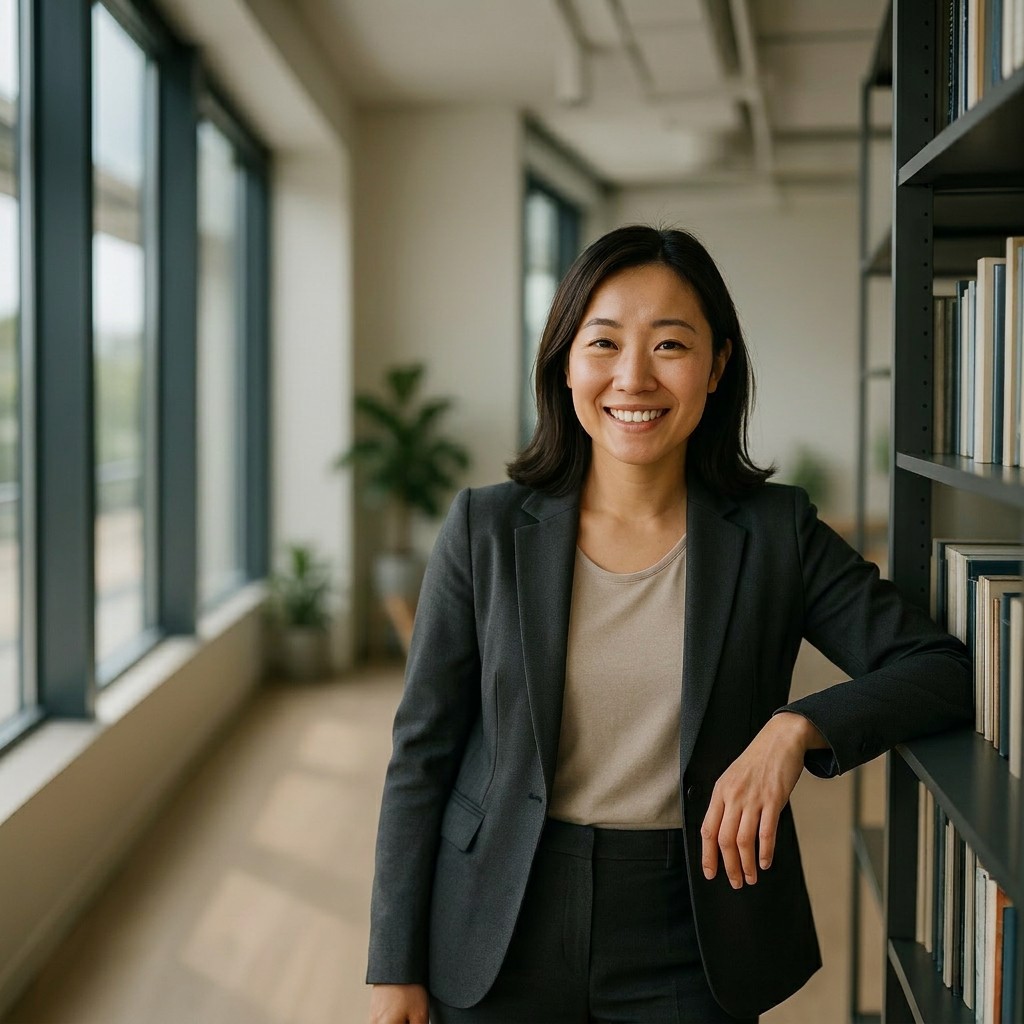 Smiling business professional in a modern office, representing our AI automation services client.