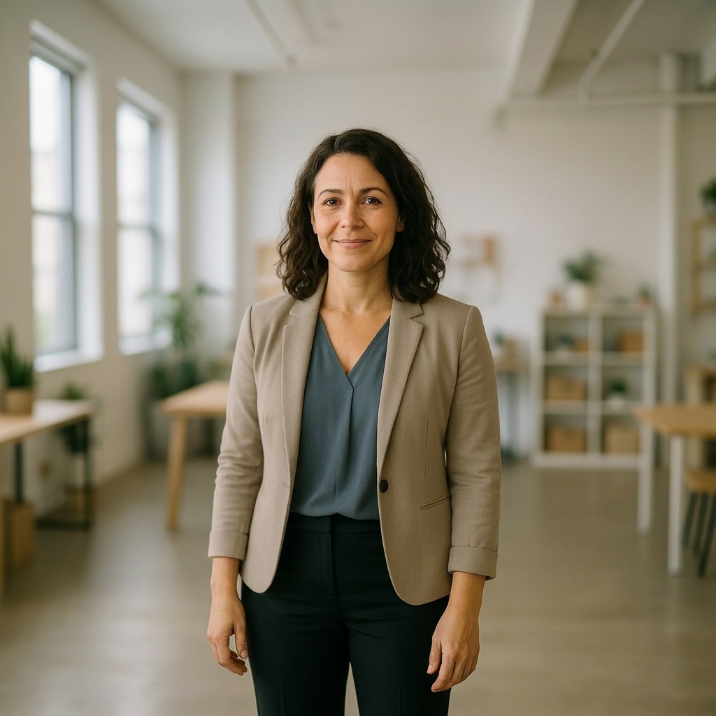 Smiling business owner in a modern office, representing the client experience of an ai seo agency.