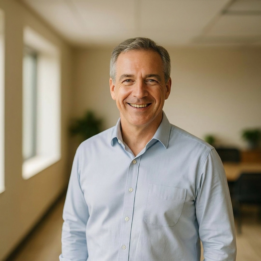 Smiling business consultant in a modern office, representing AI-driven business consulting for growing companies.