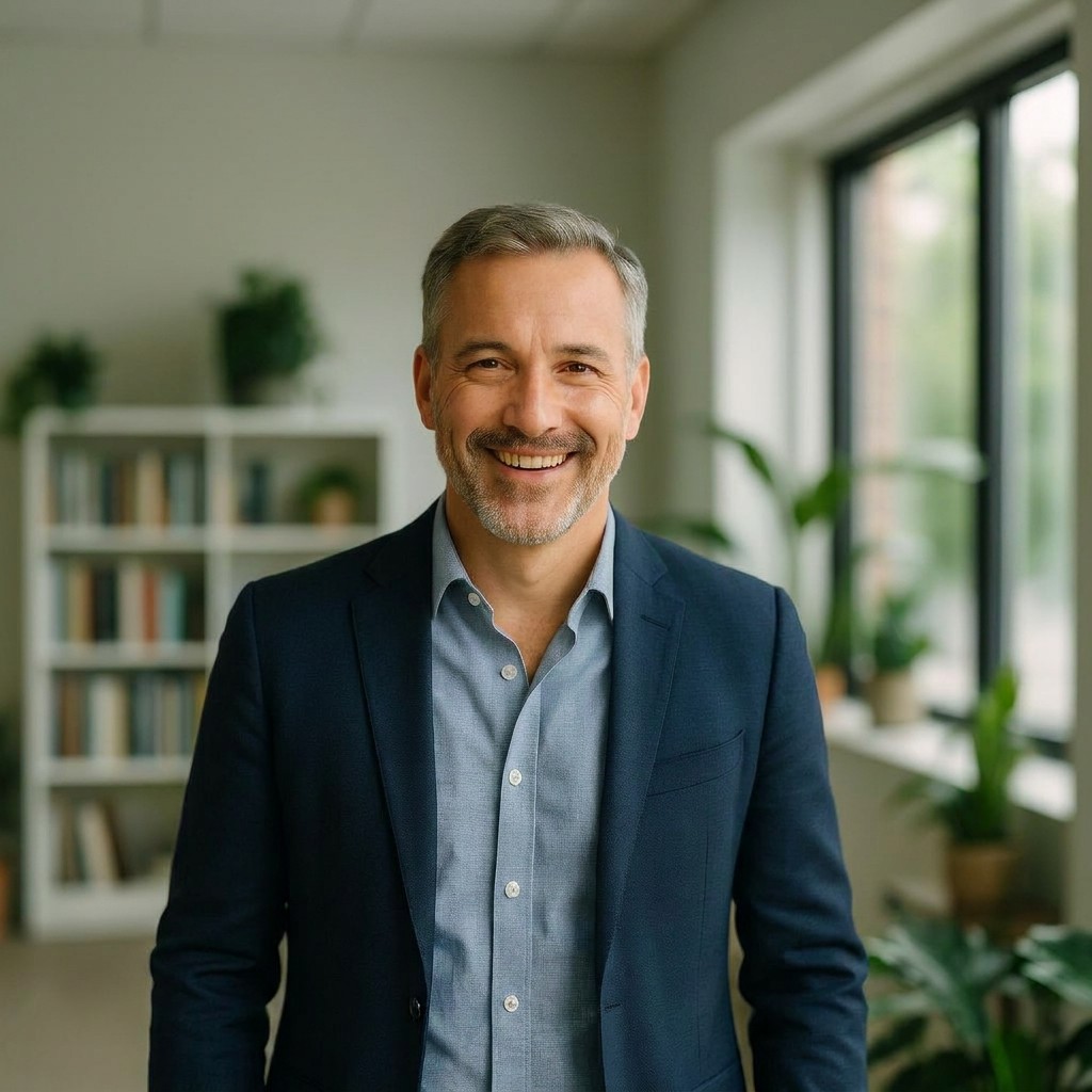 Confident business owner smiling in a bright office, representing a client of a content marketing agency.