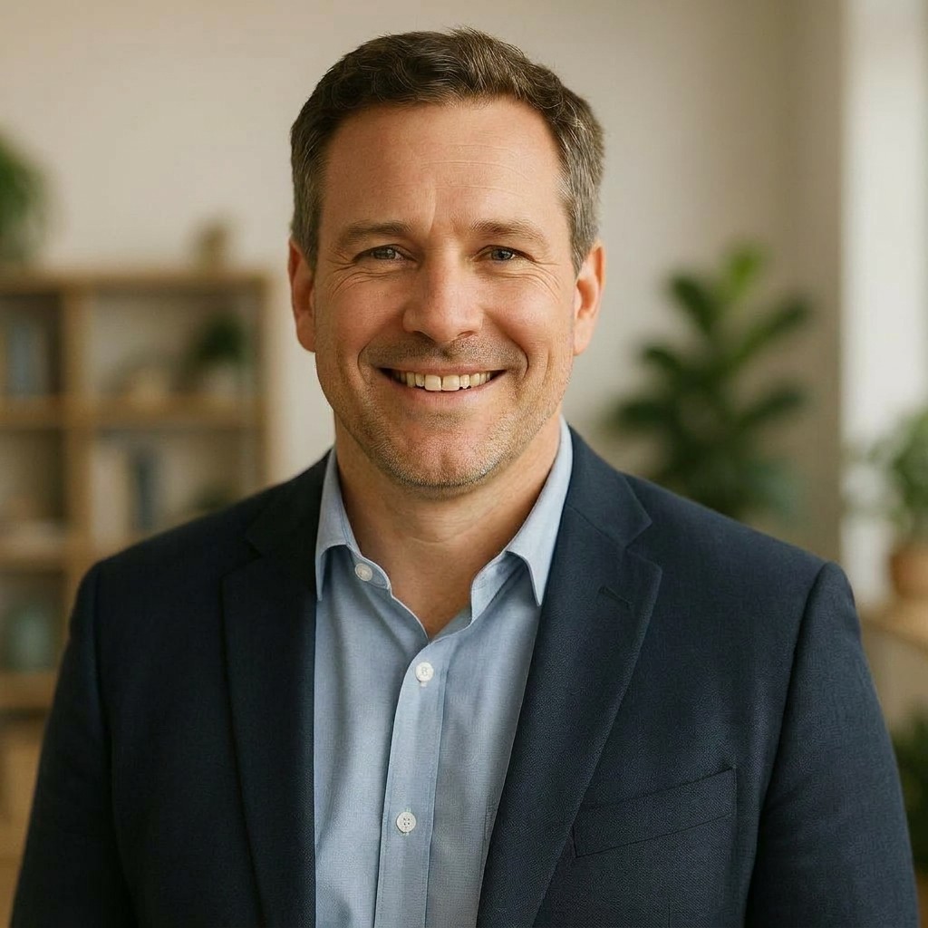 Confident business owner smiling in a bright office, representing a client of a content writing services company.