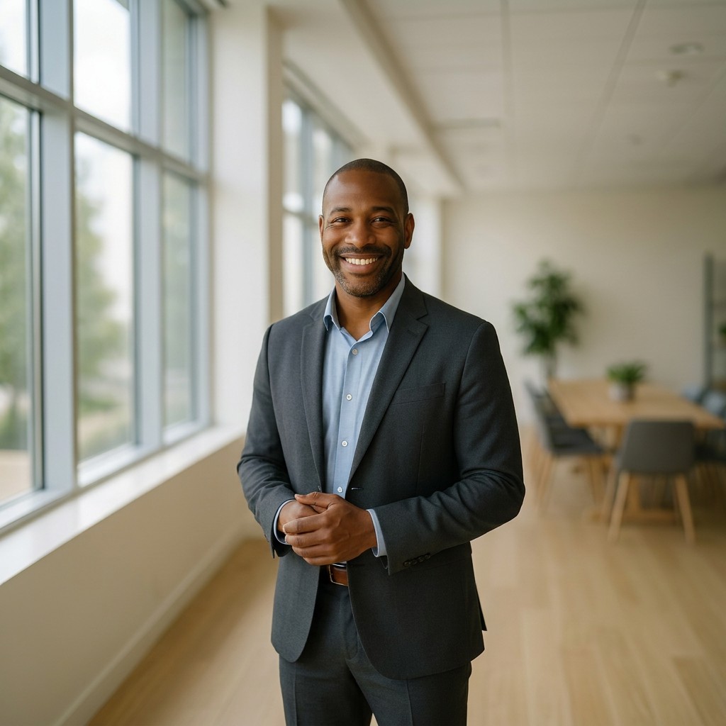 Smiling business professional in a modern office, representing our digital PR client.