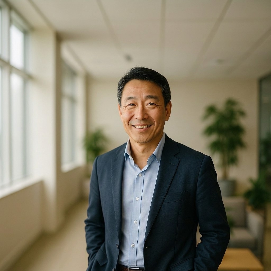Smiling business professional in a modern office, representing our public relations firm client.