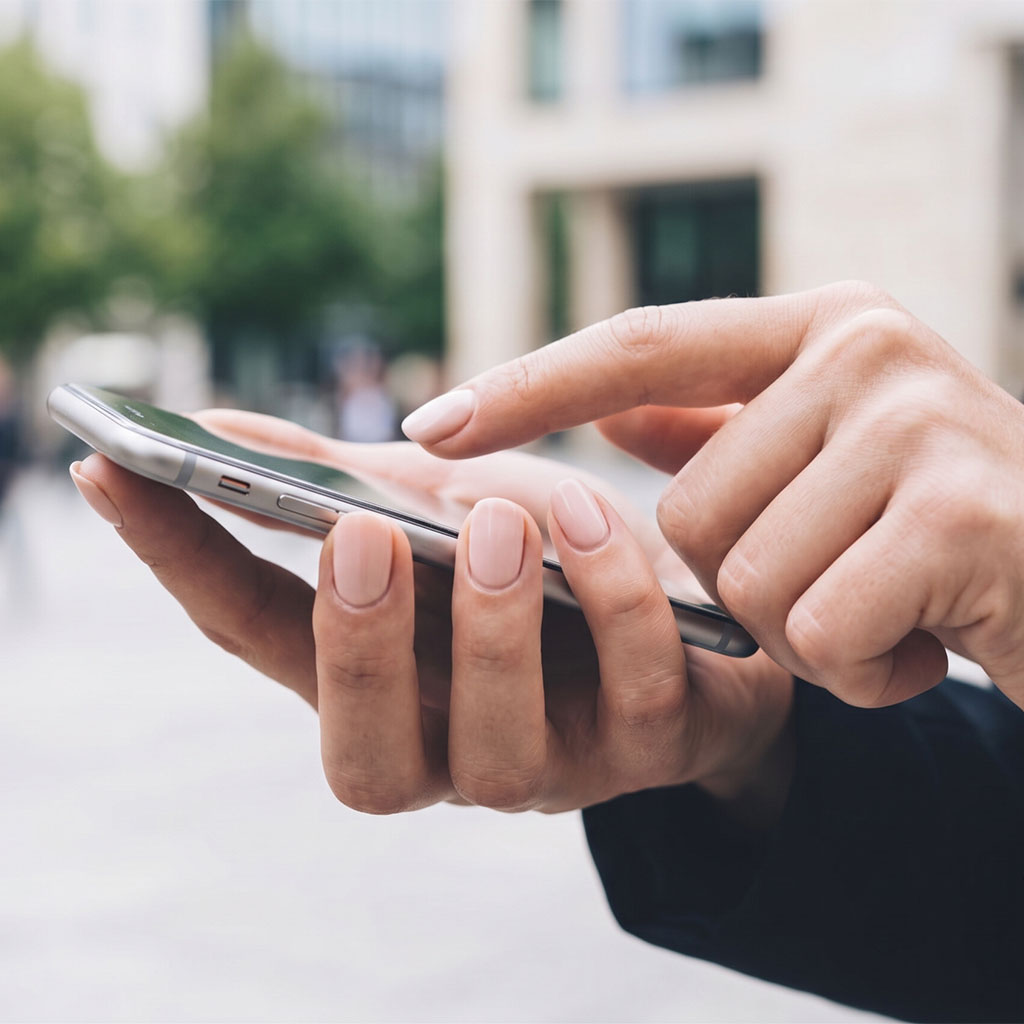 Business professional checking a phone, representing a client monitoring their media coverage and reputation.