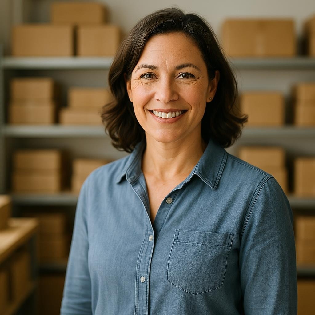 Smiling online store owner standing among shelved inventory, representing our e-commerce services.