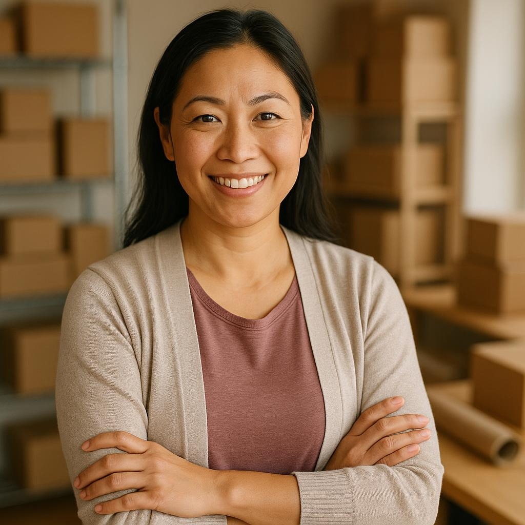 Smiling store owner in a shipping and packing area, representing results from ecommerce PPC management.