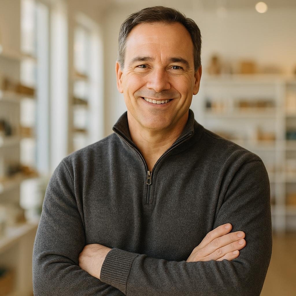Smiling store owner in a retail showroom, representing results from ecommerce SEO services.
