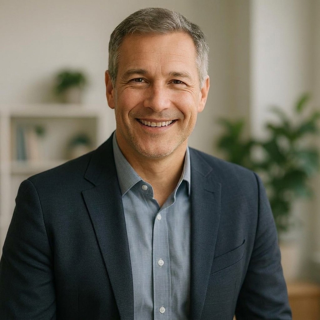 Confident business owner smiling in a bright office, representing a client of an email marketing consultant.