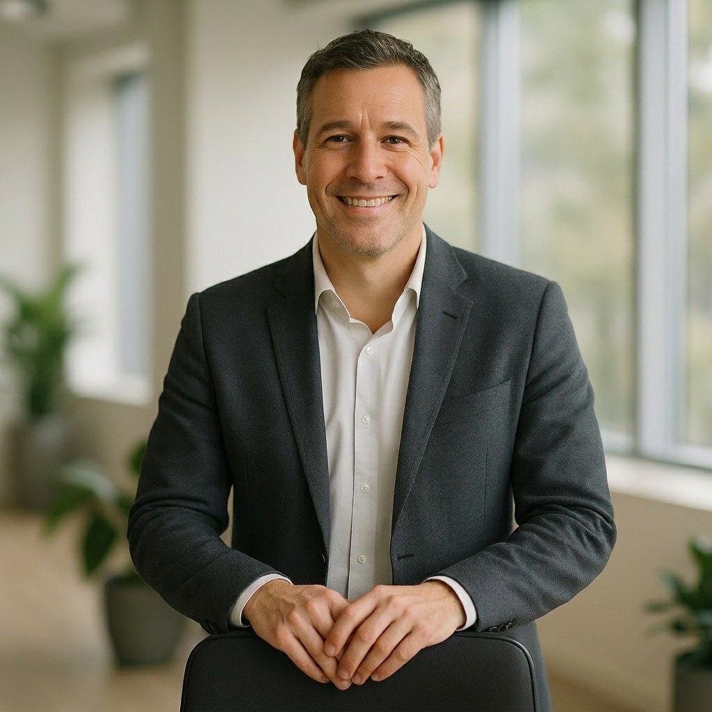 Smiling business professional in a modern office, representing our HubSpot development agency client.