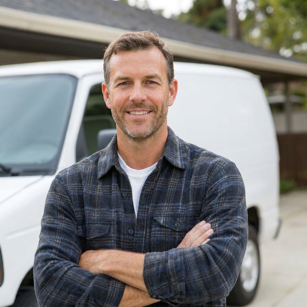 Confident small business owner smiling outdoors near a service vehicle, representing a client of our lead generation services.