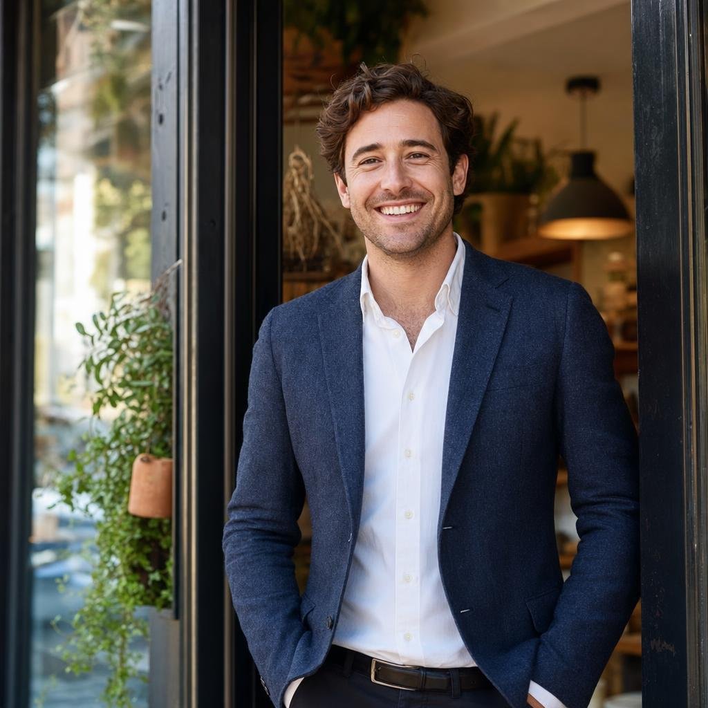 Retail store owner standing outside his boutique after working with a local seo company.