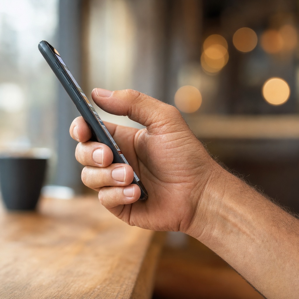 Close-up of a person using a smartphone to find a business optimized by a local seo company.