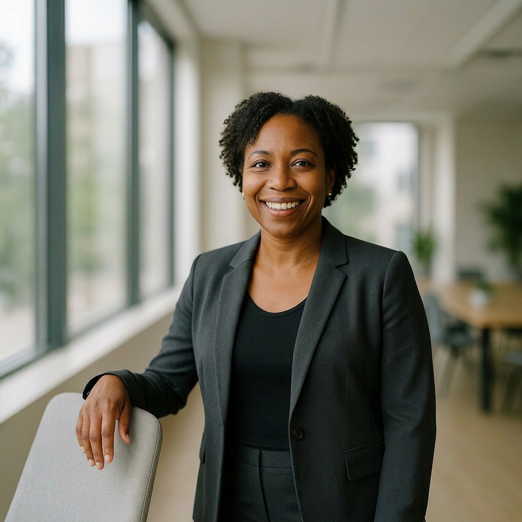 Smiling business consultant in a modern office, representing our marketing consultant company client.