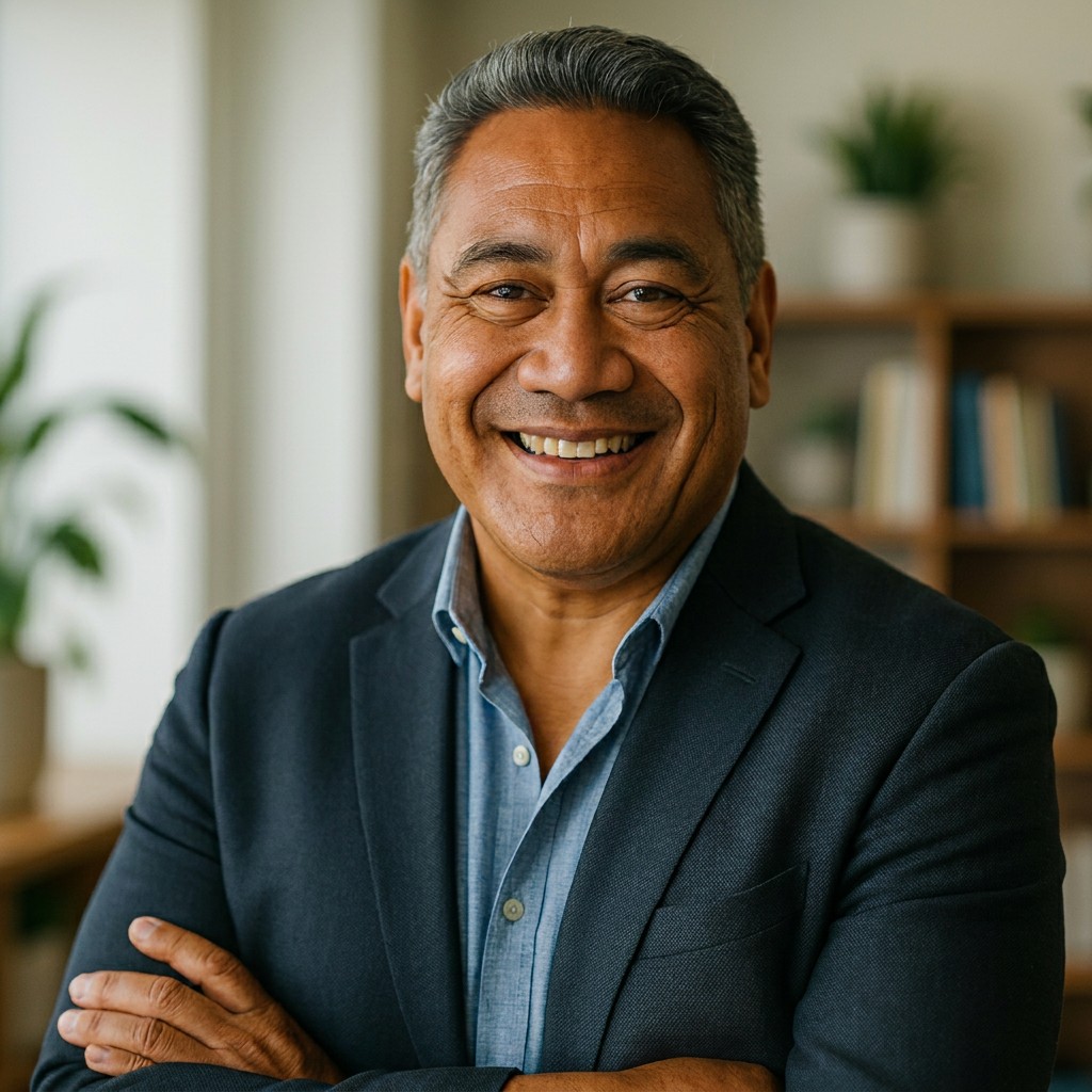 Confident business owner smiling in a bright office, representing a client of a PPC agency.