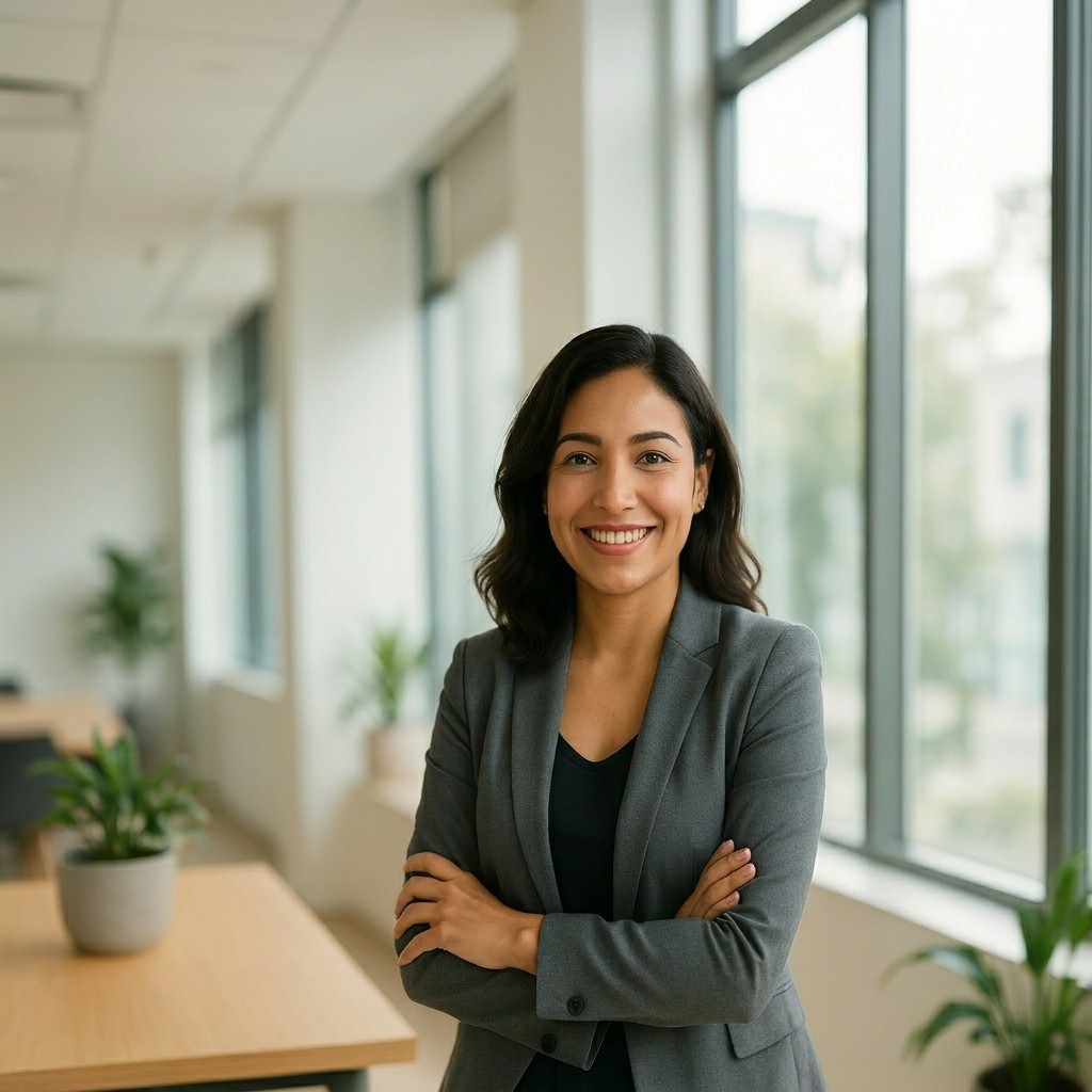 Smiling business professional in a modern office, representing our reputation management client.