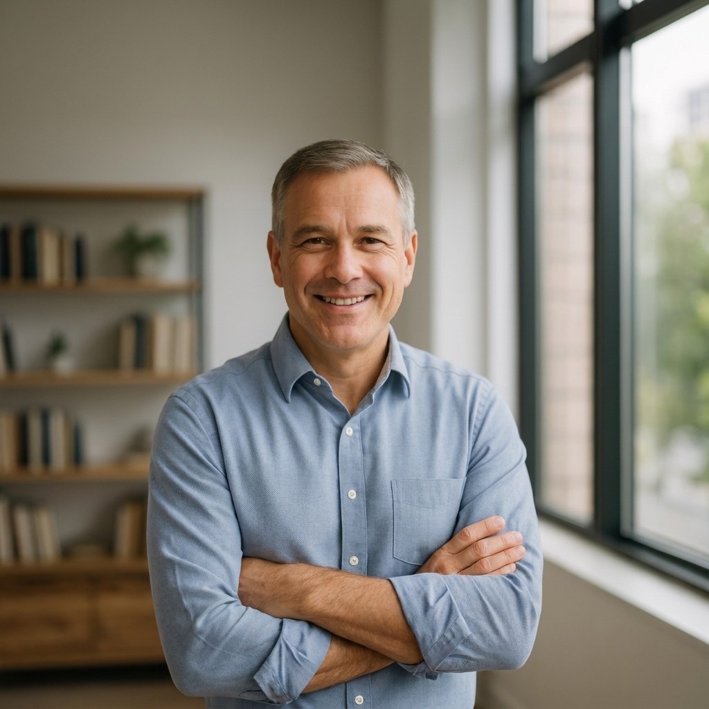 Confident business owner smiling in a bright office, representing a client of an SEO content writing services company.