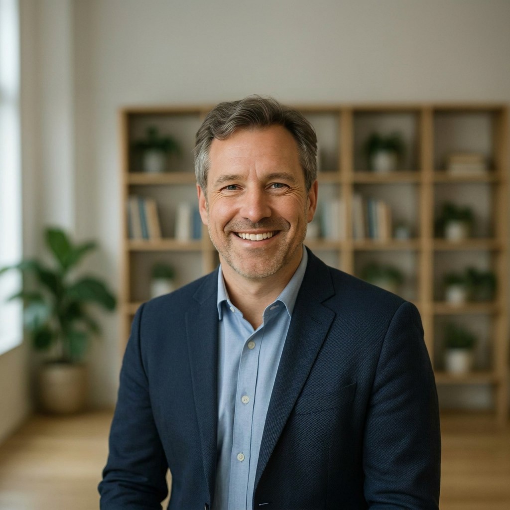 Confident business owner smiling in a bright office, representing a client of a social media agency.