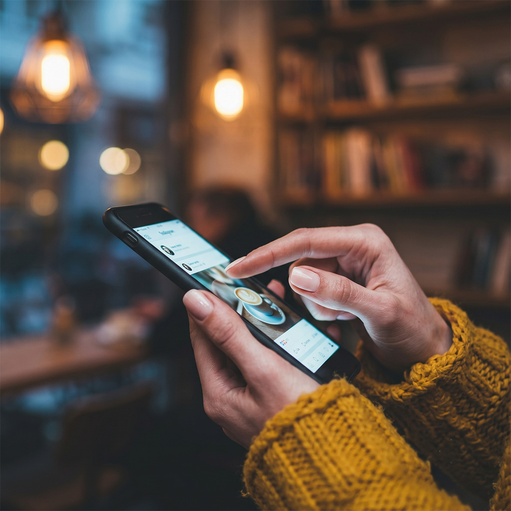Woman checking an Instagram feed on her phone at a cafe, representing a customer engaging with social content.