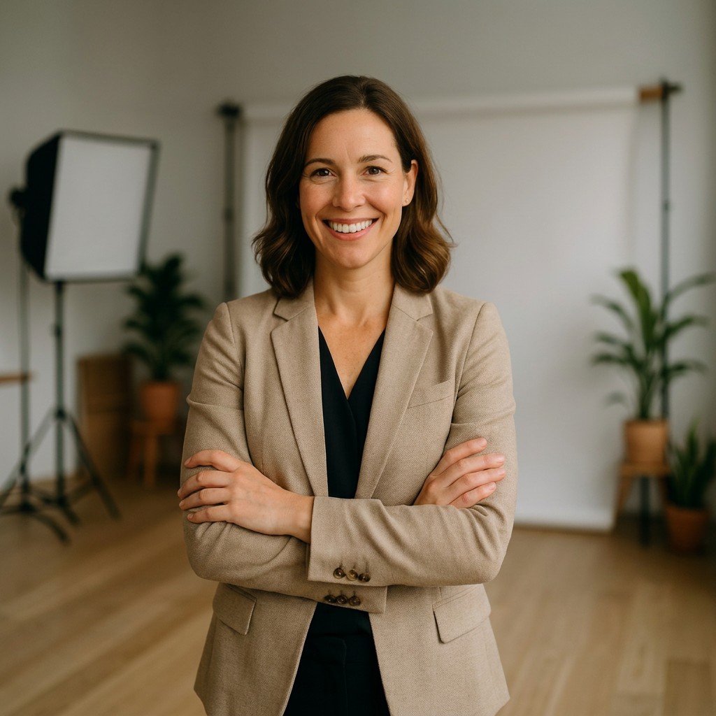 Confident business owner smiling in a bright production studio, representing a client of a video production service.