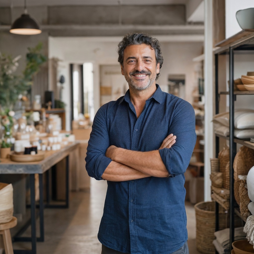 Confident small business owner smiling, representing a client of our website designer.